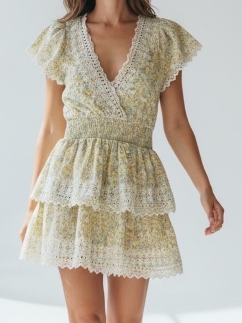 American Eagle Women's Cottagecore Floral Ruffle Tiered Mini Dress Yellow Linen